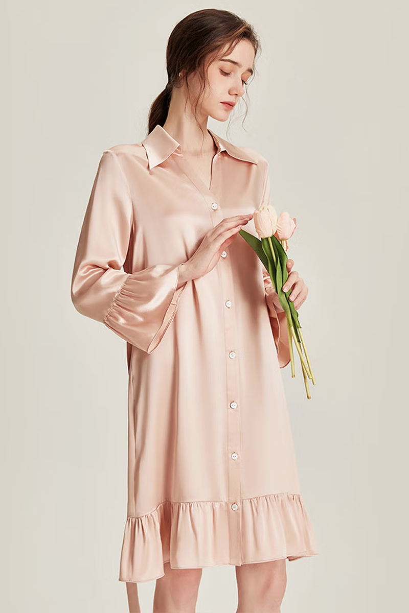 100% Mulberry Silk Nine-point Flare Sleeve Nightgown Luxury Women Nightshirt