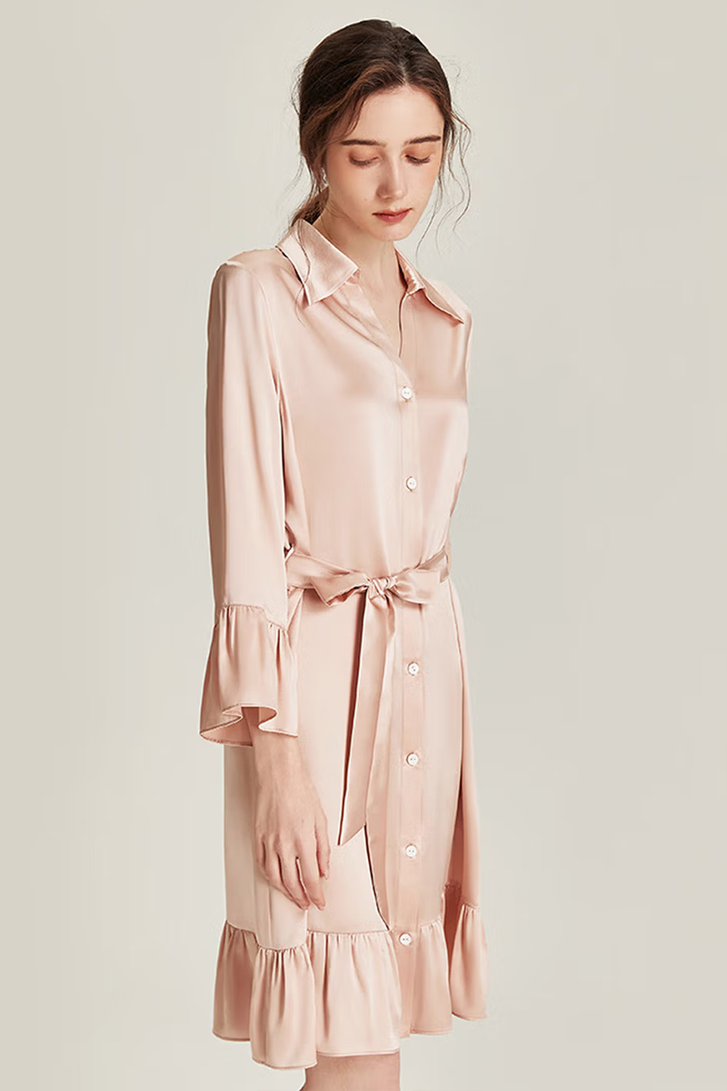 100% Mulberry Silk Nine-point Flare Sleeve Nightgown Luxury Women Nightshirt
