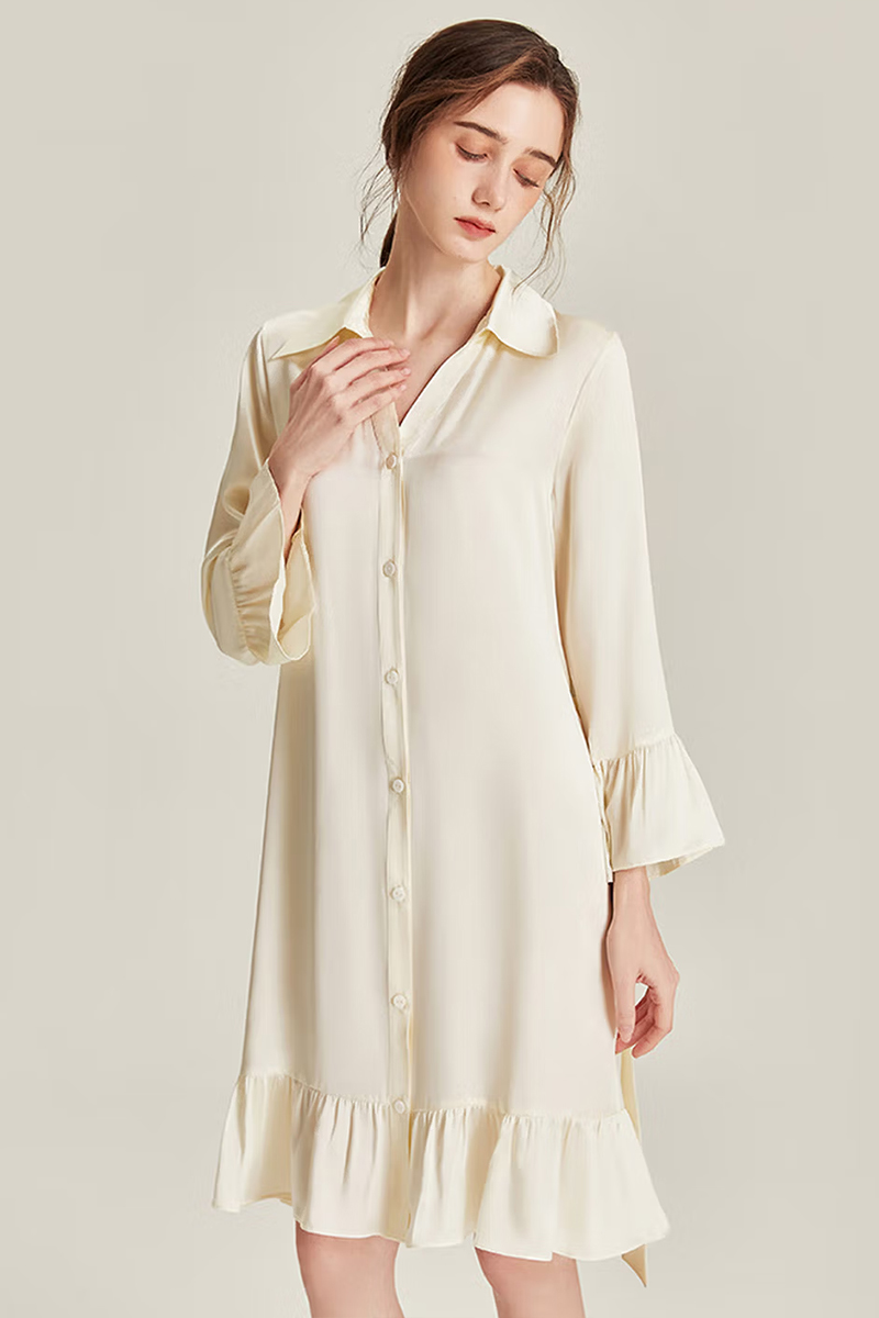 100% Mulberry Silk Nine-point Flare Sleeve Nightgown Luxury Women Nightshirt