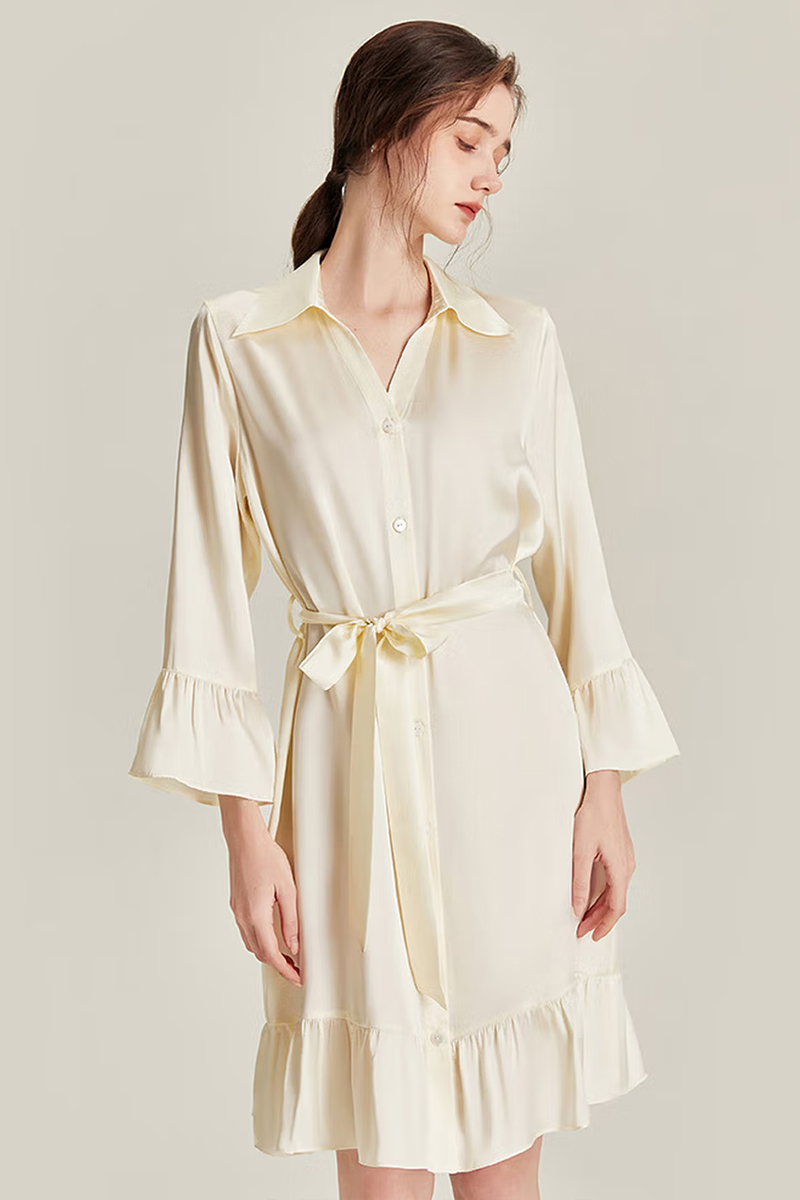 100% Mulberry Silk Nine-point Flare Sleeve Nightgown Luxury Women Nightshirt