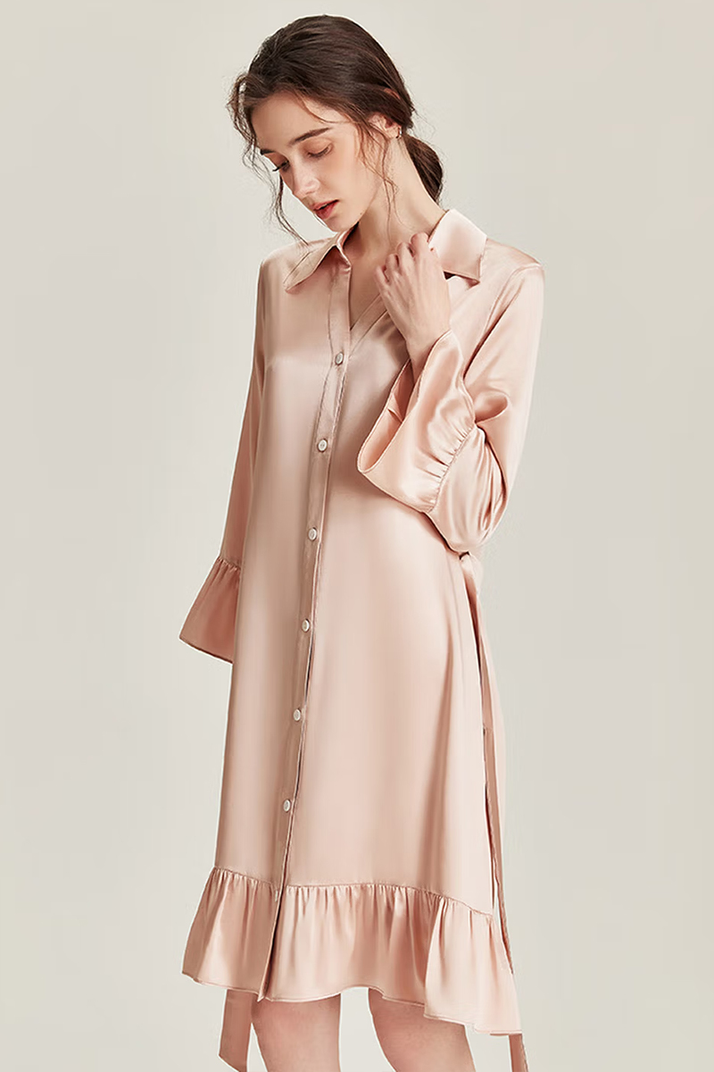 100% Mulberry Silk Nine-point Flare Sleeve Nightgown Luxury Women Nightshirt