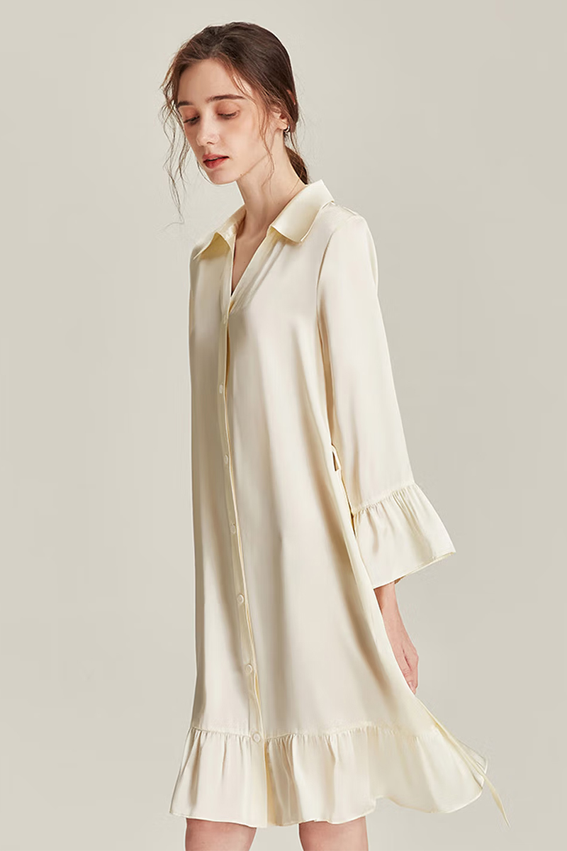 100% Mulberry Silk Nine-point Flare Sleeve Nightgown Luxury Women Nightshirt