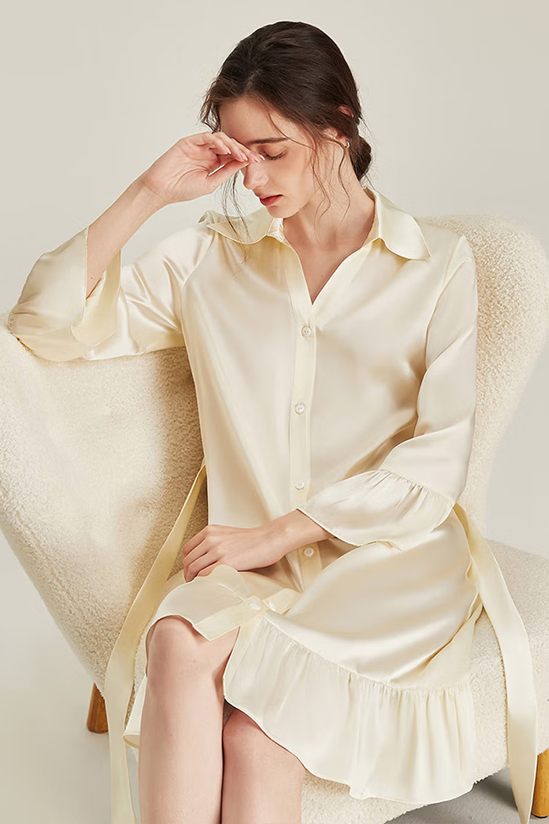 100% Mulberry Silk Nine-point Flare Sleeve Nightgown Luxury Women Nightshirt