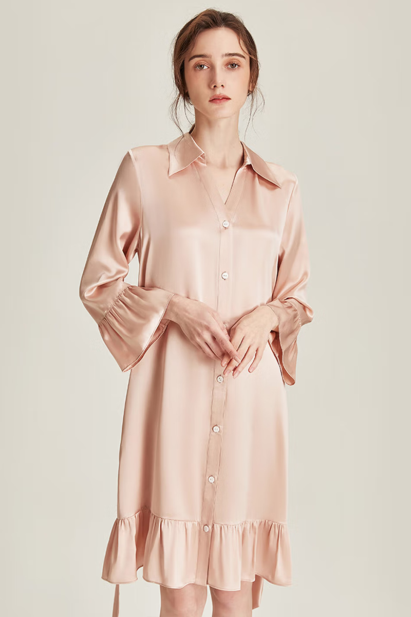 100% Mulberry Silk Nine-point Flare Sleeve Nightgown Luxury Women Nightshirt