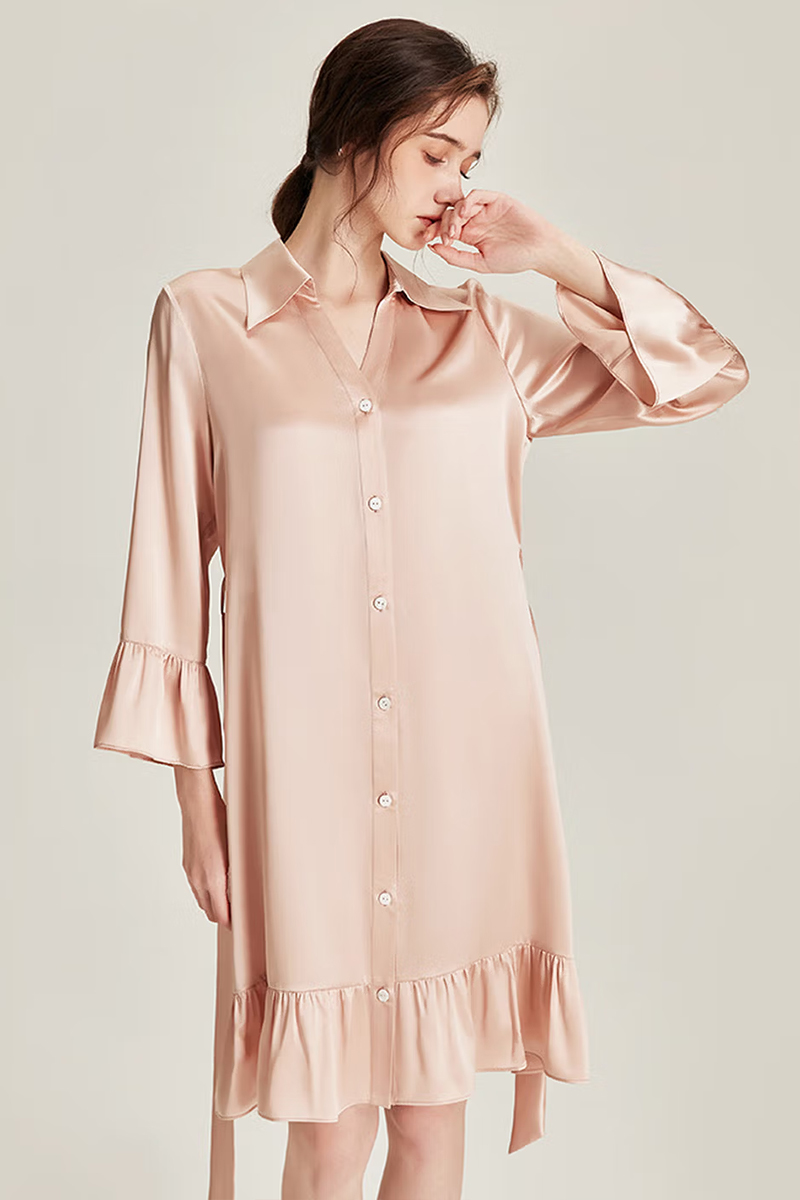 100% Mulberry Silk Nine-point Flare Sleeve Nightgown Luxury Women Nightshirt
