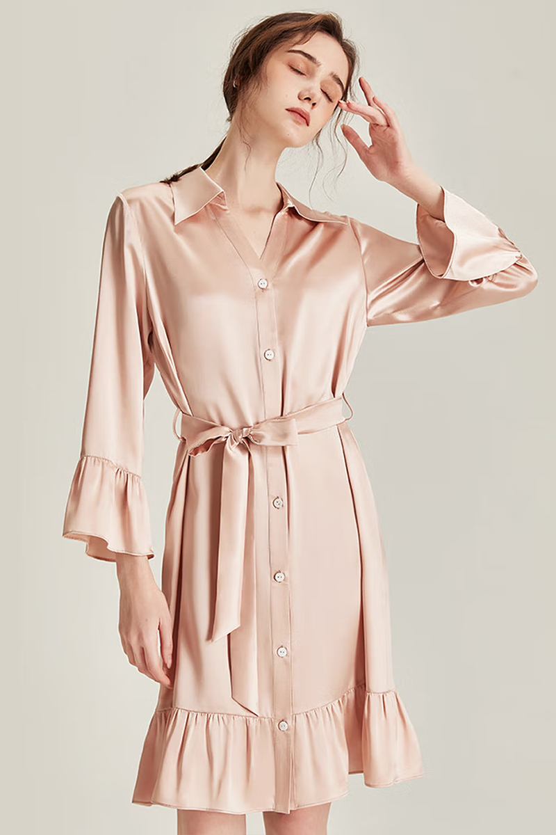 100% Mulberry Silk Nine-point Flare Sleeve Nightgown Luxury Women Nightshirt