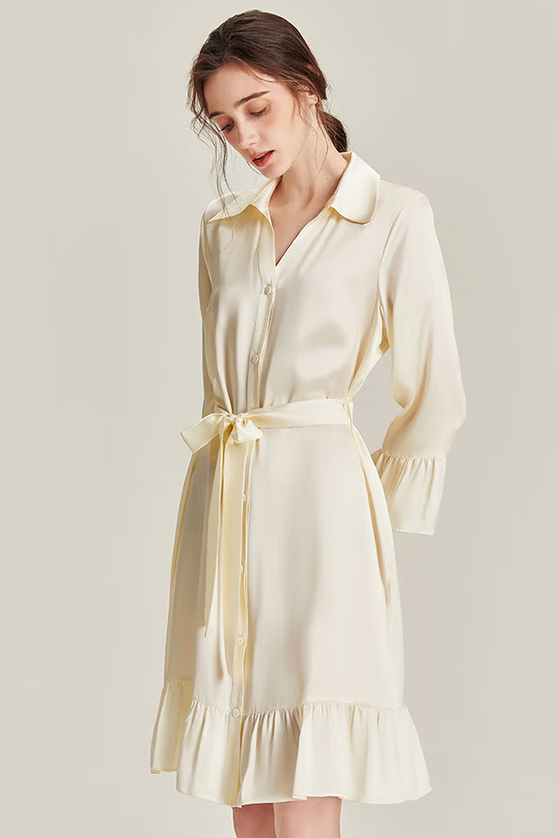 100% Mulberry Silk Nine-point Flare Sleeve Nightgown Luxury Women Nightshirt