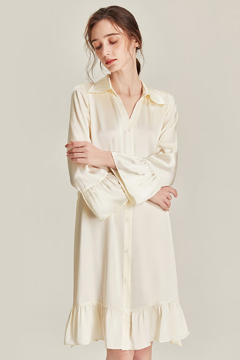100% Mulberry Silk Nine-point Flare Sleeve Nightgown Luxury Women Nightshirt