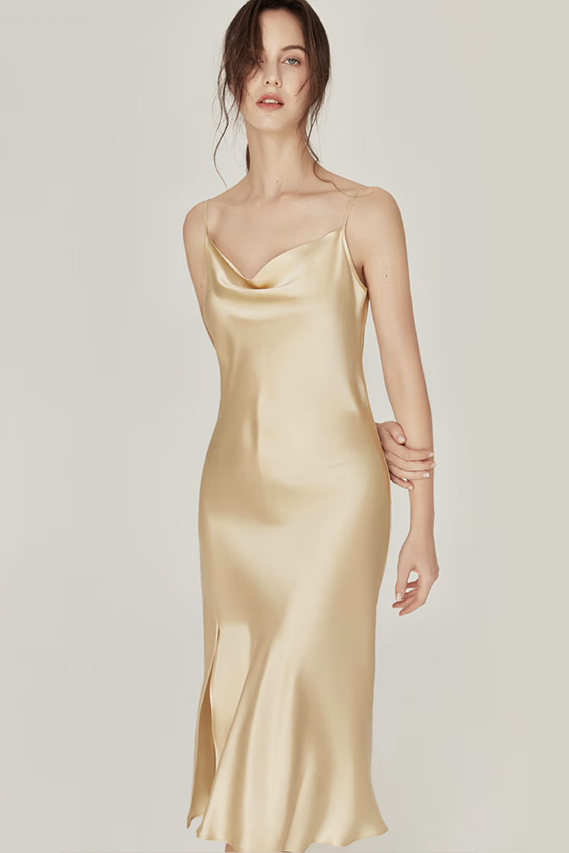 100% Mulberry Silk Cowl Neck Long Camisole Nightgown Sexy Summer Dress