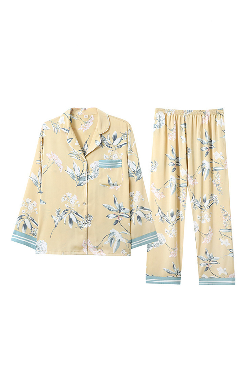 100% Mulberry Silk Elegant 2 Piece Women Loungewear Luxury Printed Pajama Set