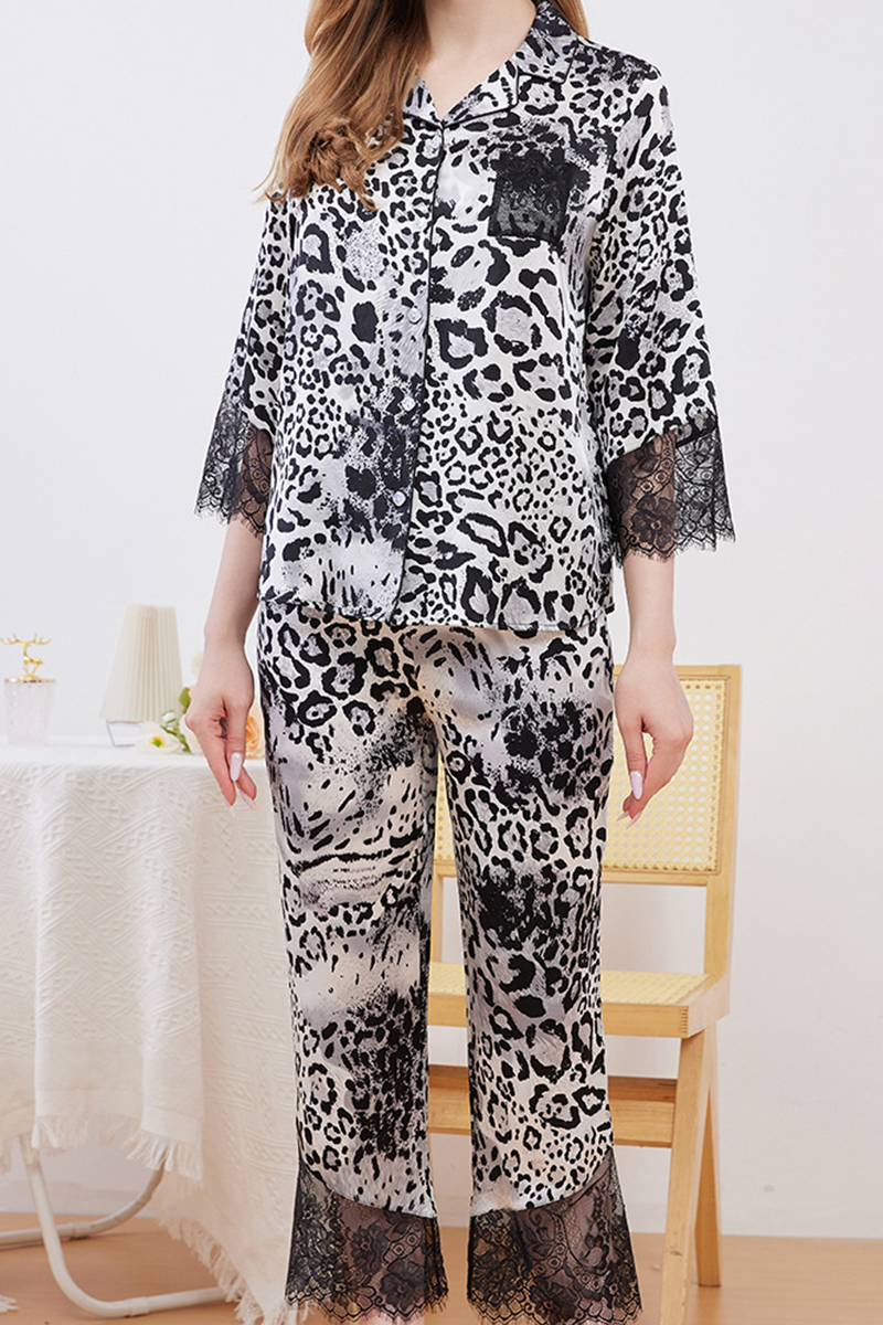 19 Momme Heavy 100% Mulberry Silk Pajama Set Smooth Leopard Print Loungewear With Lace Trim