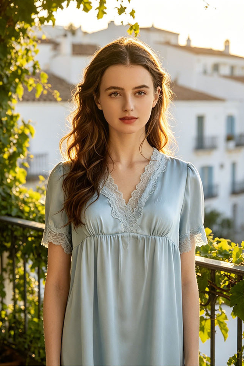 100% Mulberry Silk Short Sleeve Nightgown Summer Loungewear Dress with Built-in Bra Pads