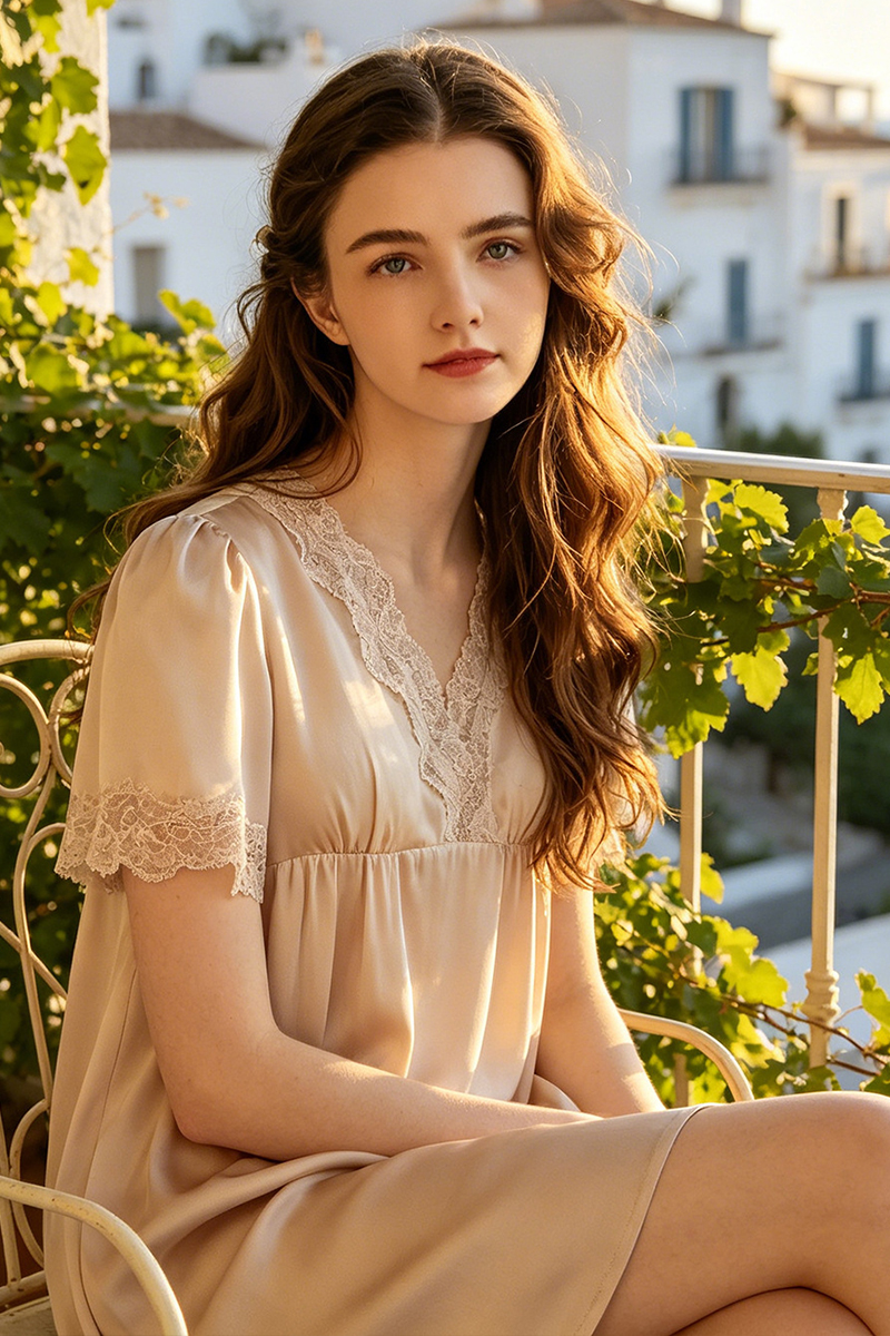 100% Mulberry Silk Short Sleeve Nightgown Summer Loungewear Dress with Built-in Bra Pads