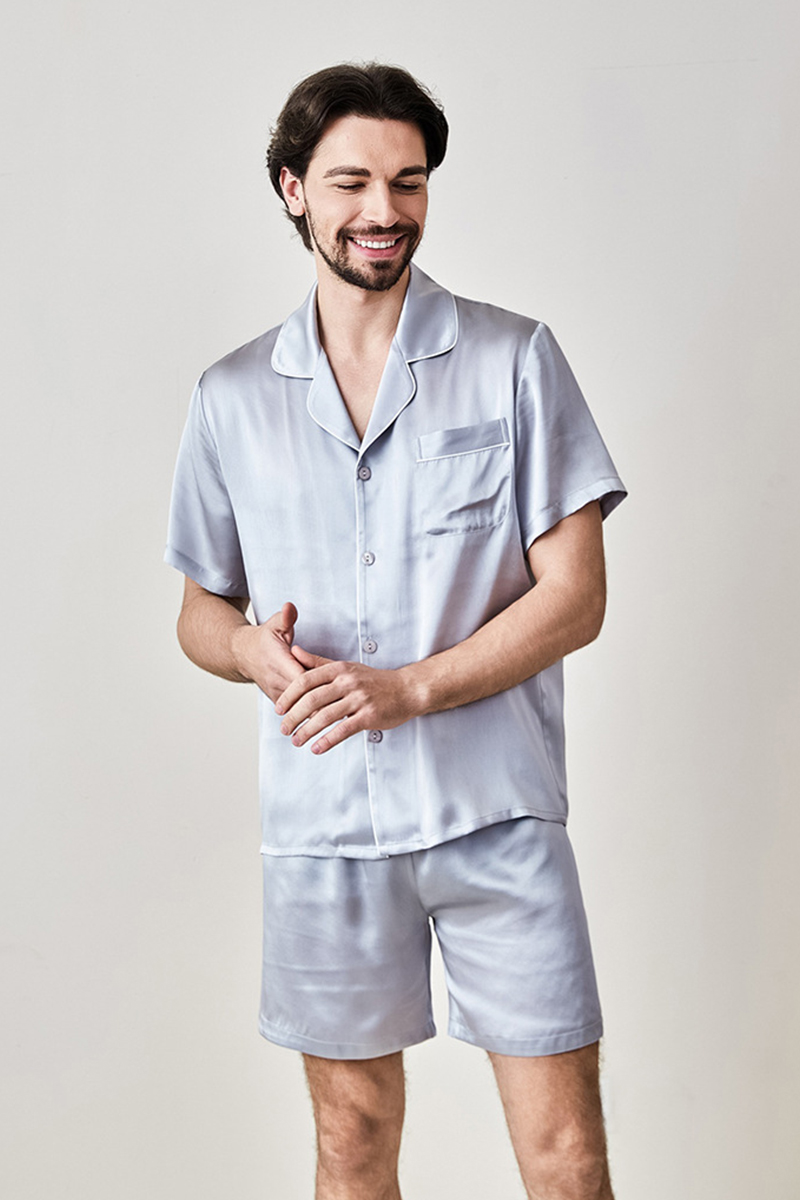100% Mulberry Silk Couples Solid Color Pajama Set Men Women Short Sleeve & Shorts 2 Piece Loungewear