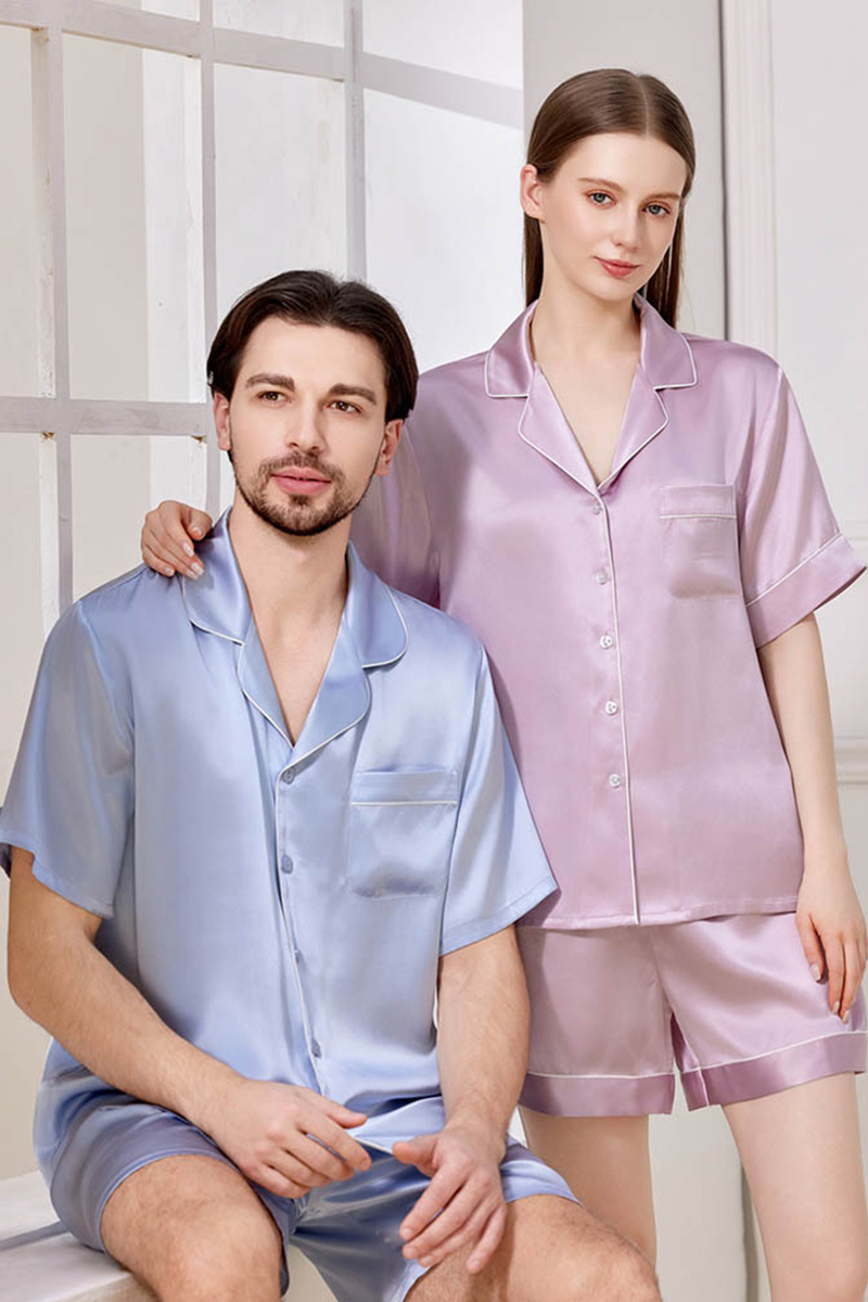 100% Mulberry Silk Couples Solid Color Pajama Set Men Women Short Sleeve & Shorts 2 Piece Loungewear