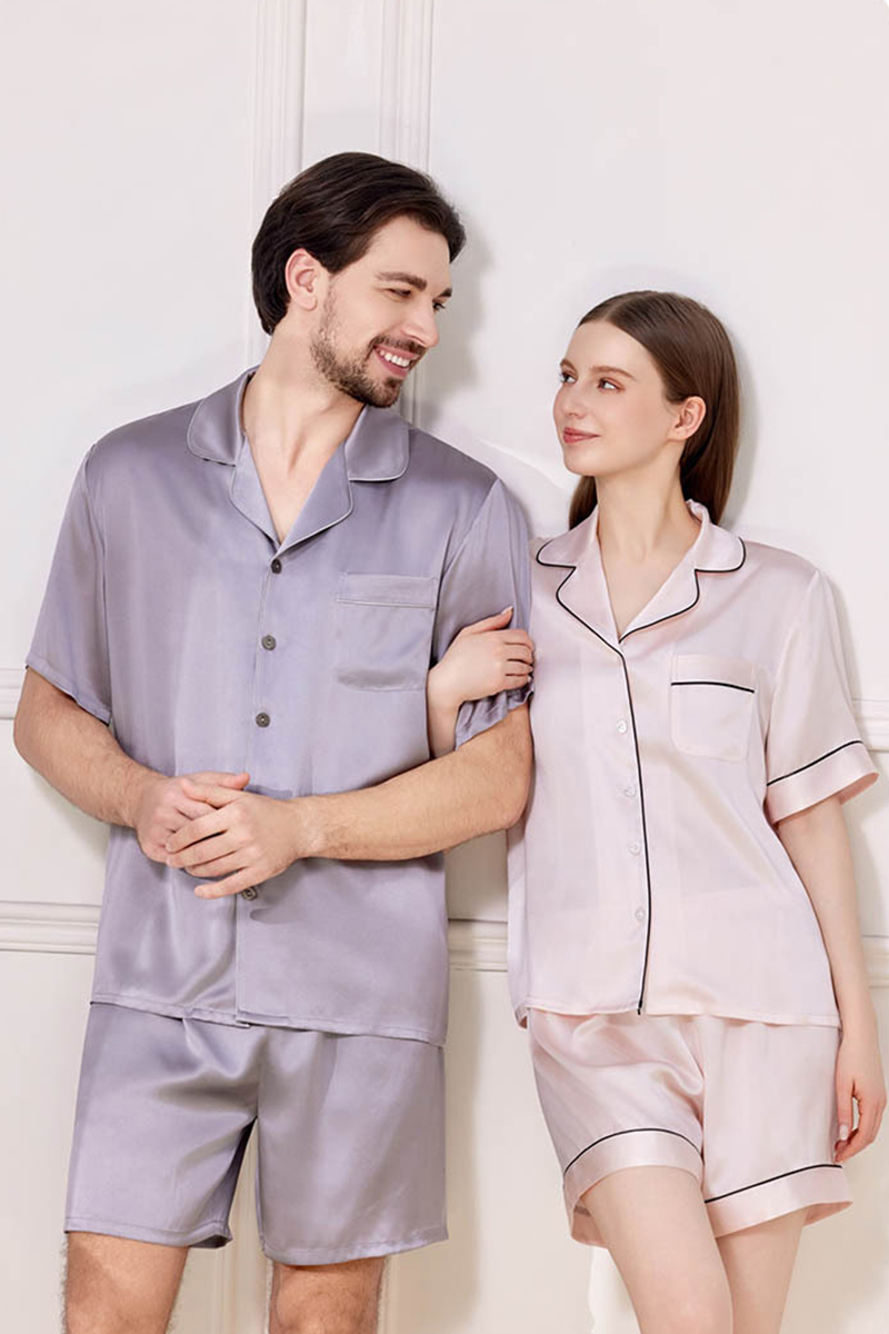 100% Mulberry Silk Couples Solid Color Pajama Set Men Women Short Sleeve & Shorts 2 Piece Loungewear