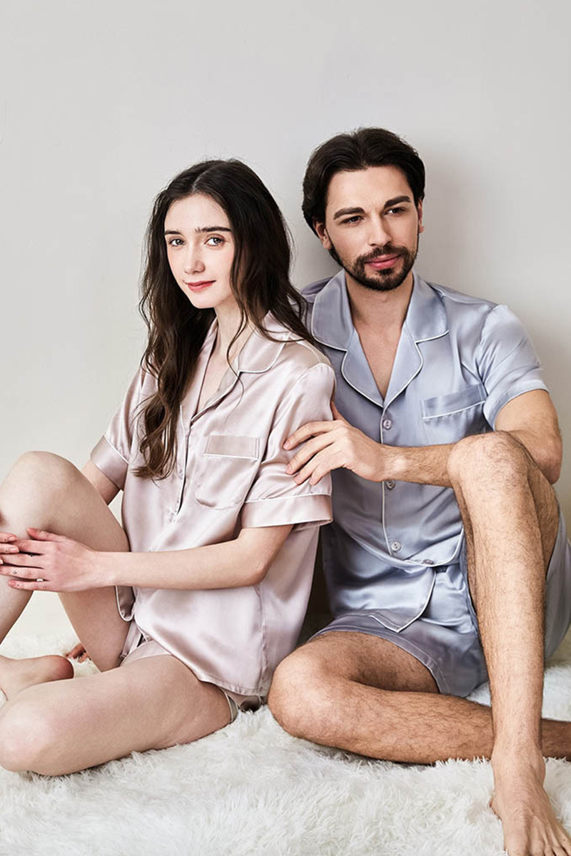 100% Mulberry Silk Couples Solid Color Pajama Set Men Women Short Sleeve & Shorts 2 Piece Loungewear