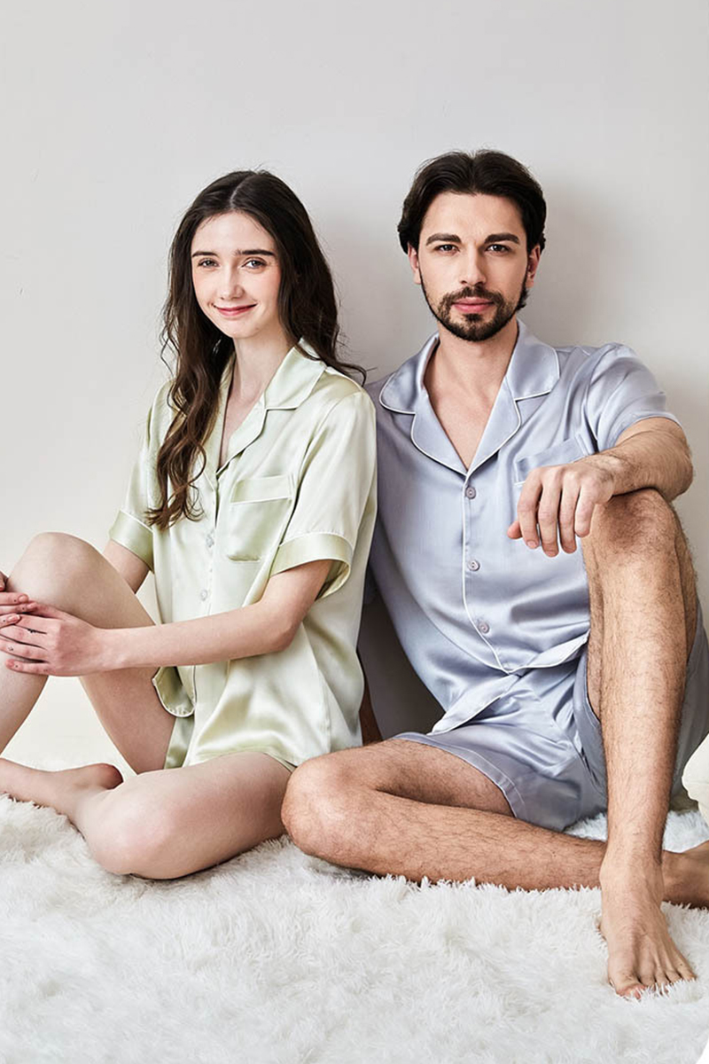 100% Mulberry Silk Couples Solid Color Pajama Set Men Women Short Sleeve & Shorts 2 Piece Loungewear