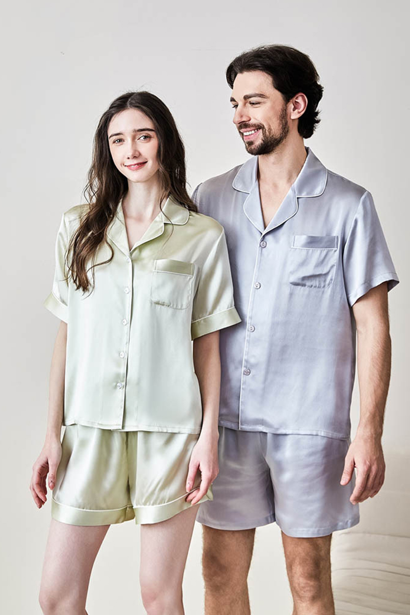 100% Mulberry Silk Couples Solid Color Pajama Set Men Women Short Sleeve & Shorts 2 Piece Loungewear