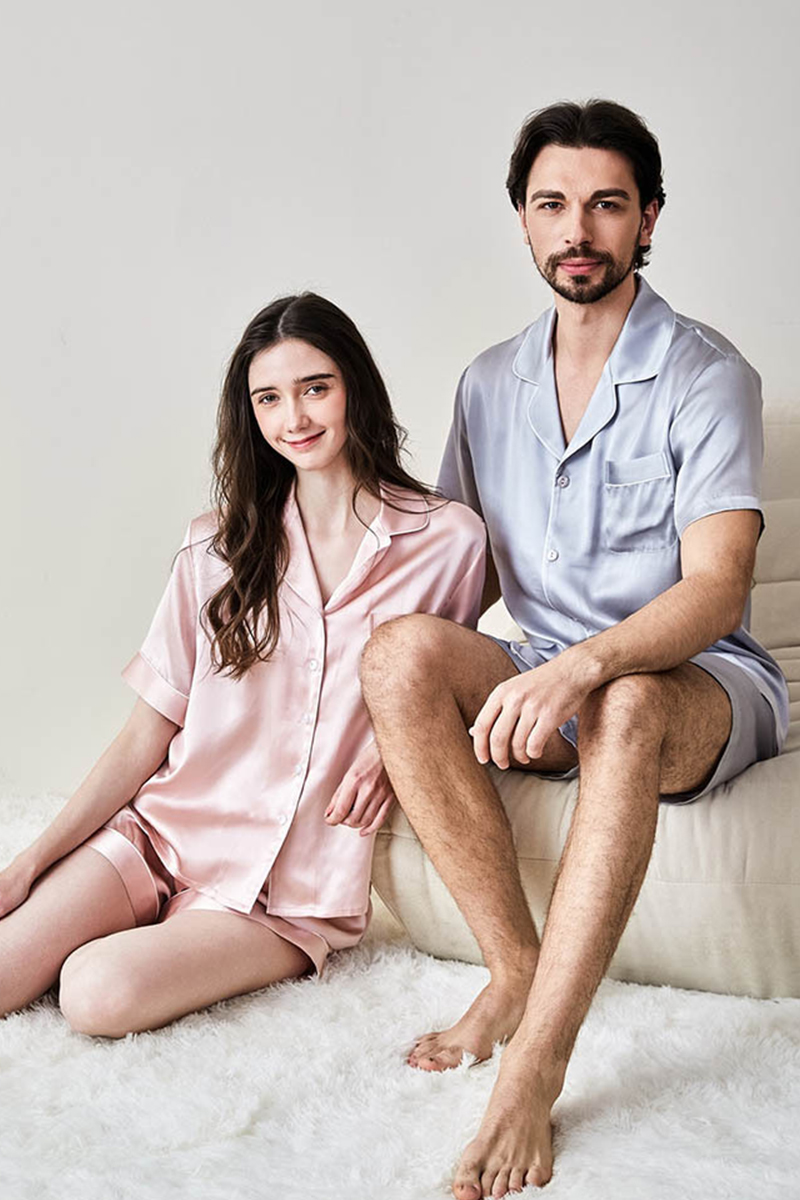 100% Mulberry Silk Couples Solid Color Pajama Set Men Women Short Sleeve & Shorts 2 Piece Loungewear