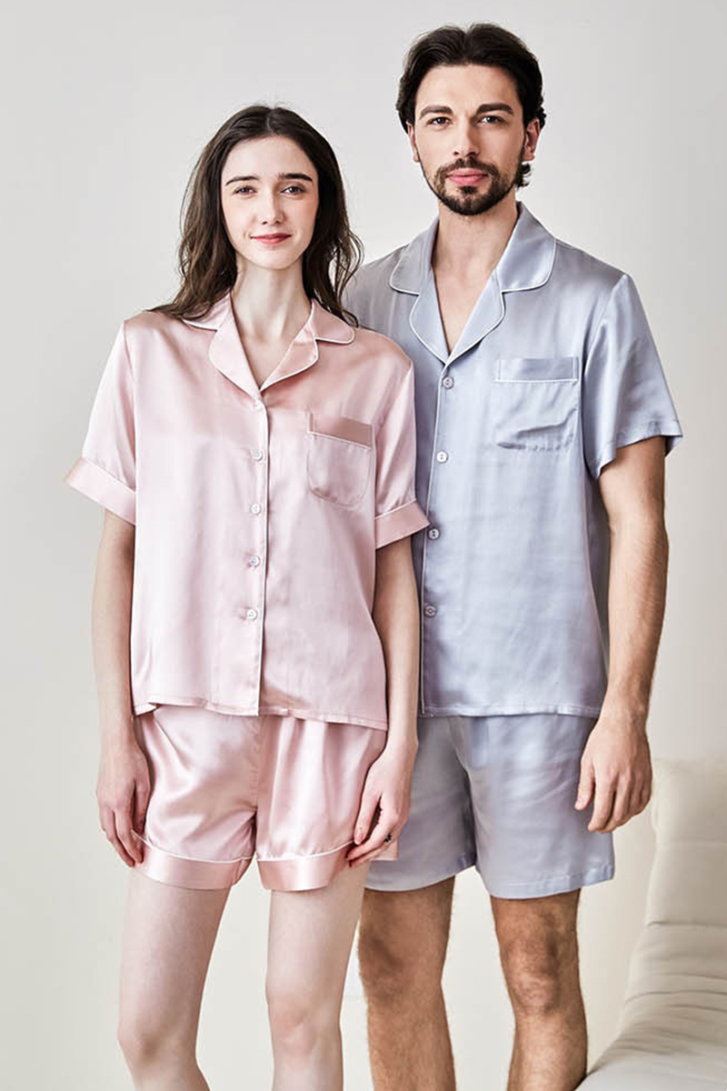 100% Mulberry Silk Couples Solid Color Pajama Set Men Women Short Sleeve & Shorts 2 Piece Loungewear