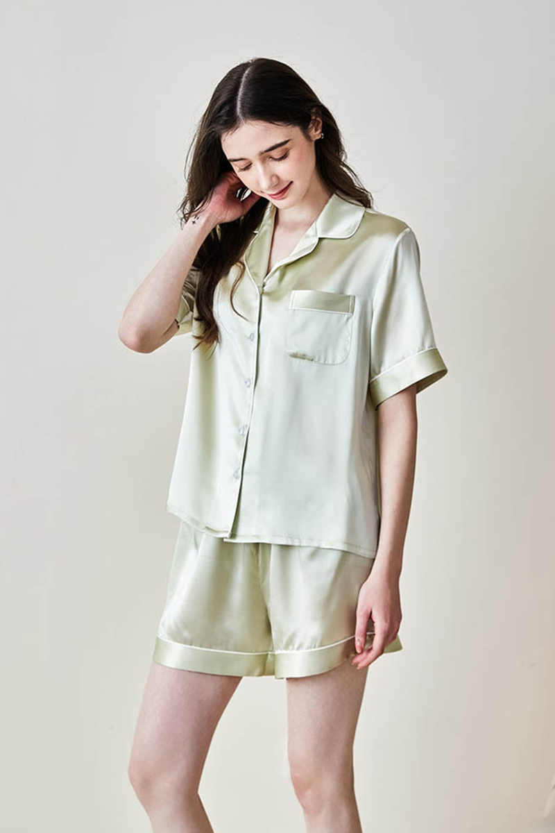 100% Mulberry Silk Couples Solid Color Pajama Set Men Women Short Sleeve & Shorts 2 Piece Loungewear
