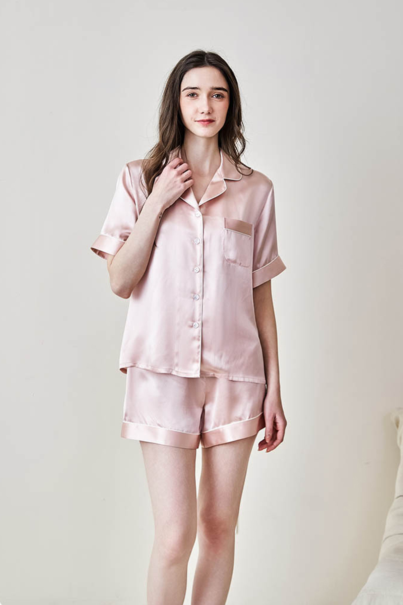 100% Mulberry Silk Couples Solid Color Pajama Set Men Women Short Sleeve & Shorts 2 Piece Loungewear