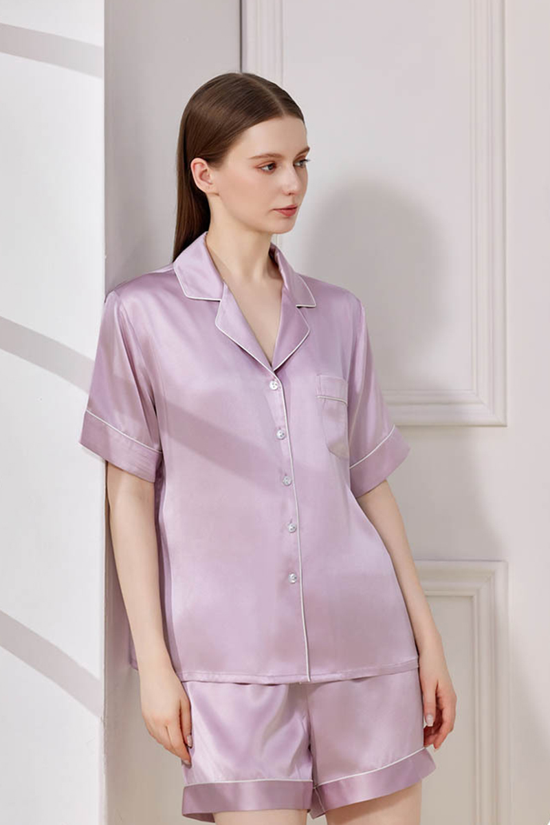100% Mulberry Silk Couples Solid Color Pajama Set Men Women Short Sleeve & Shorts 2 Piece Loungewear