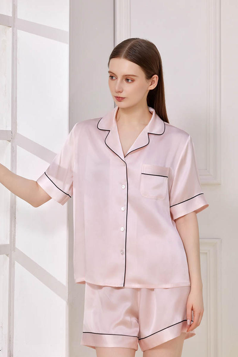 100% Mulberry Silk Couples Solid Color Pajama Set Men Women Short Sleeve & Shorts 2 Piece Loungewear
