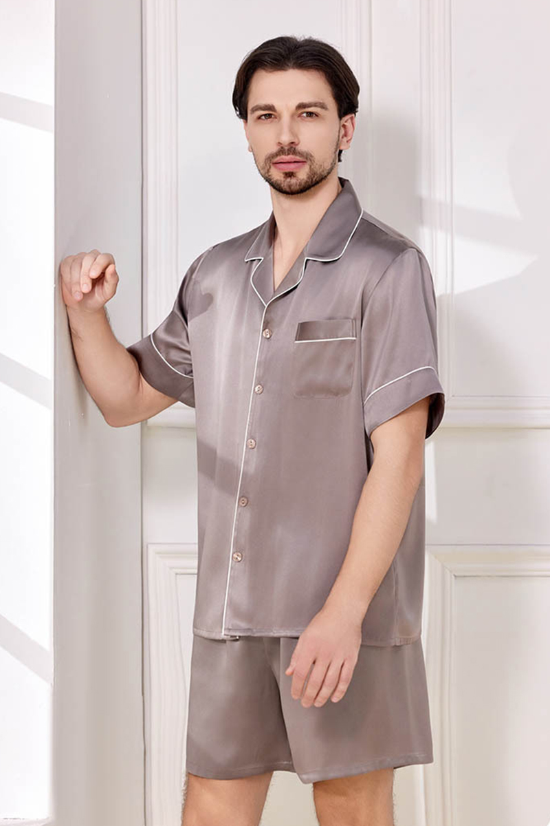 100% Mulberry Silk Couples Solid Color Pajama Set Men Women Short Sleeve & Shorts 2 Piece Loungewear