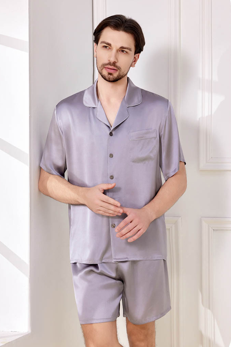 100% Mulberry Silk Couples Solid Color Pajama Set Men Women Short Sleeve & Shorts 2 Piece Loungewear