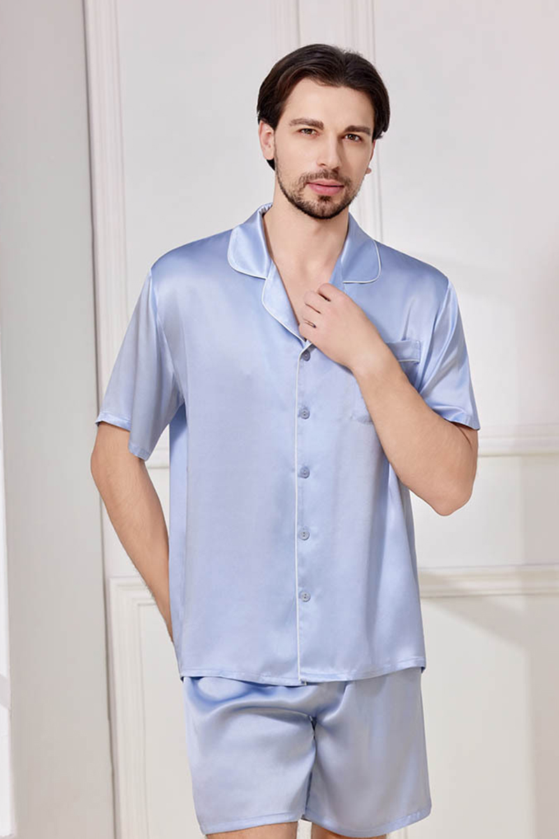100% Mulberry Silk Couples Solid Color Pajama Set Men Women Short Sleeve & Shorts 2 Piece Loungewear