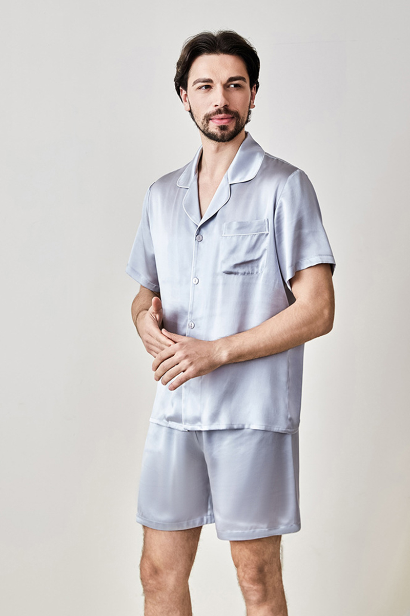 100% Mulberry Silk Couples Solid Color Pajama Set Men Women Short Sleeve & Shorts 2 Piece Loungewear