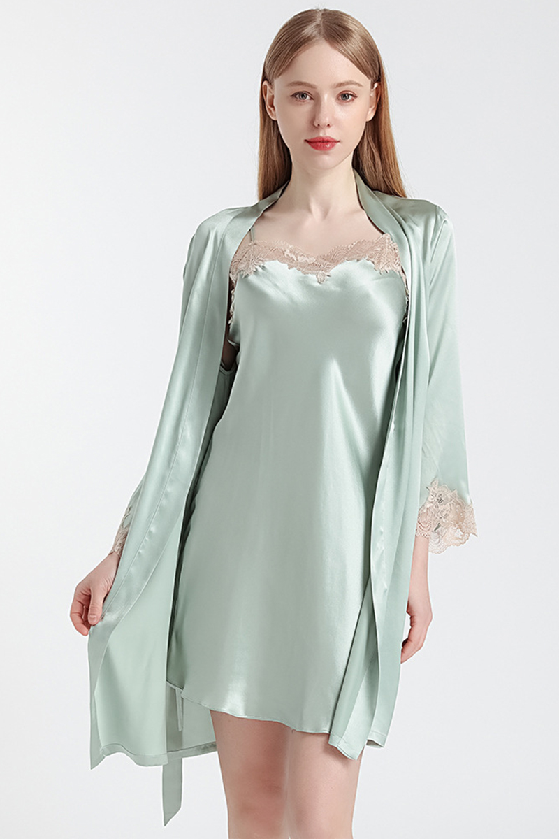 100% Mulberry Silk Hot Summer Off Shoulder Lace Camisole Nightgown & Robe Set