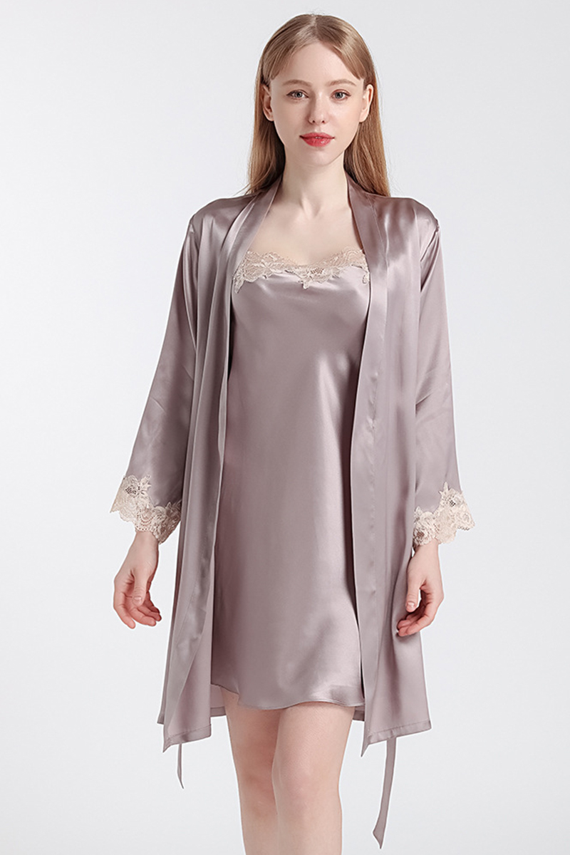 100% Mulberry Silk Hot Summer Off Shoulder Lace Camisole Nightgown & Robe Set