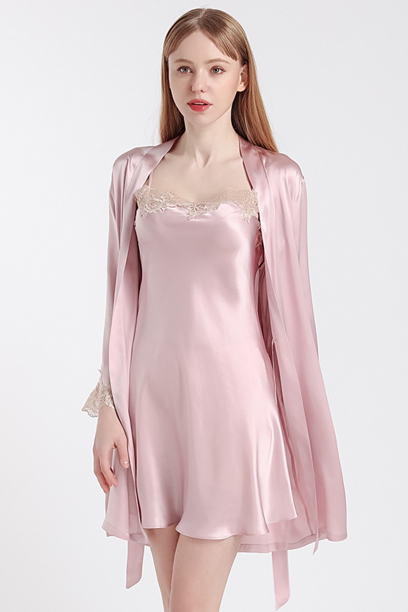 100% Mulberry Silk Hot Summer Off Shoulder Lace Camisole Nightgown & Robe Set