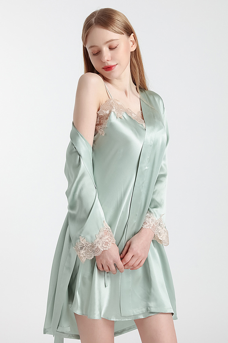 100% Mulberry Silk Hot Summer Off Shoulder Lace Camisole Nightgown & Robe Set