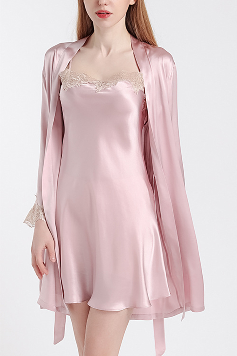 100% Mulberry Silk Hot Summer Off Shoulder Lace Camisole Nightgown & Robe Set