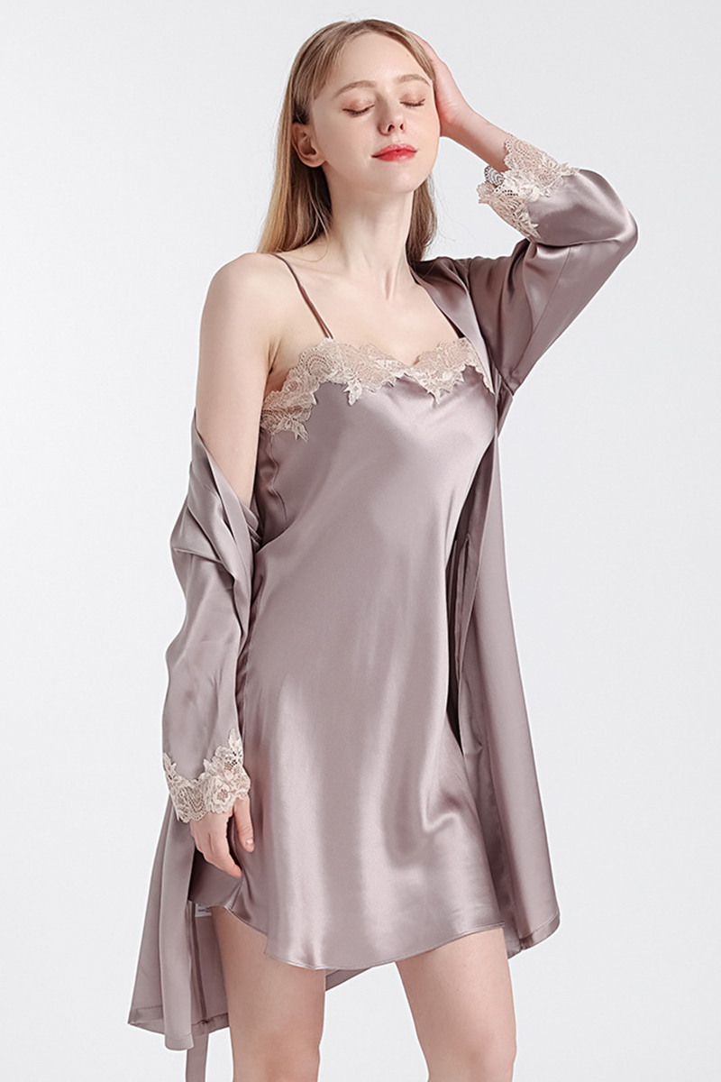 100% Mulberry Silk Hot Summer Off Shoulder Lace Camisole Nightgown & Robe Set
