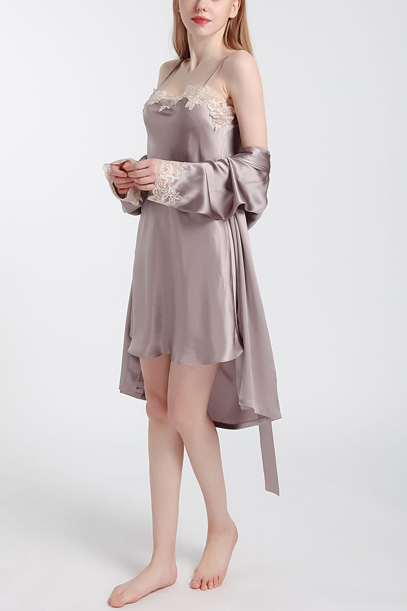 100% Mulberry Silk Hot Summer Off Shoulder Lace Camisole Nightgown & Robe Set