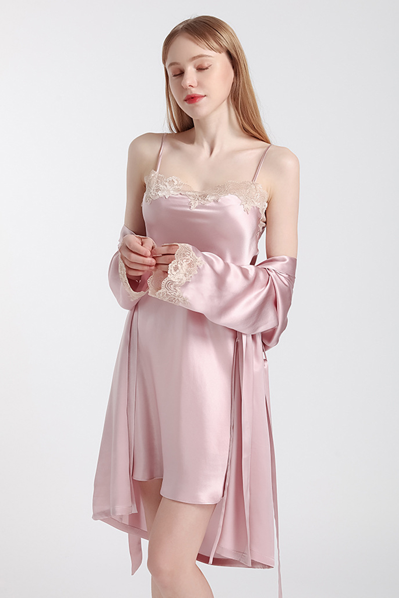 100% Mulberry Silk Hot Summer Off Shoulder Lace Camisole Nightgown & Robe Set