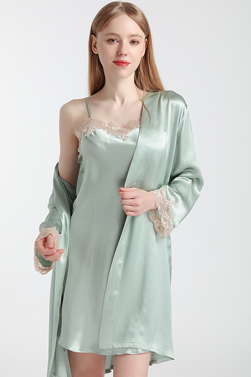 100% Mulberry Silk Hot Summer Off Shoulder Lace Camisole Nightgown & Robe Set