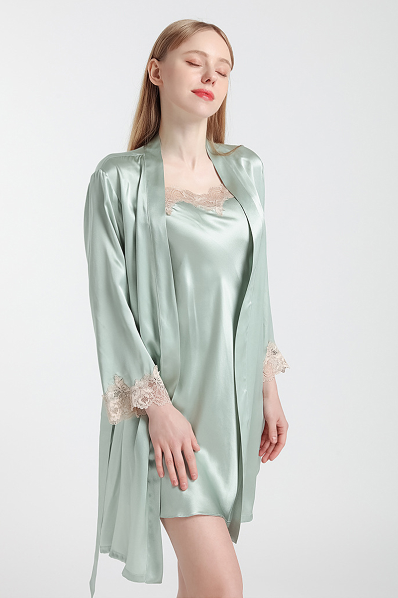 100% Mulberry Silk Hot Summer Off Shoulder Lace Camisole Nightgown & Robe Set
