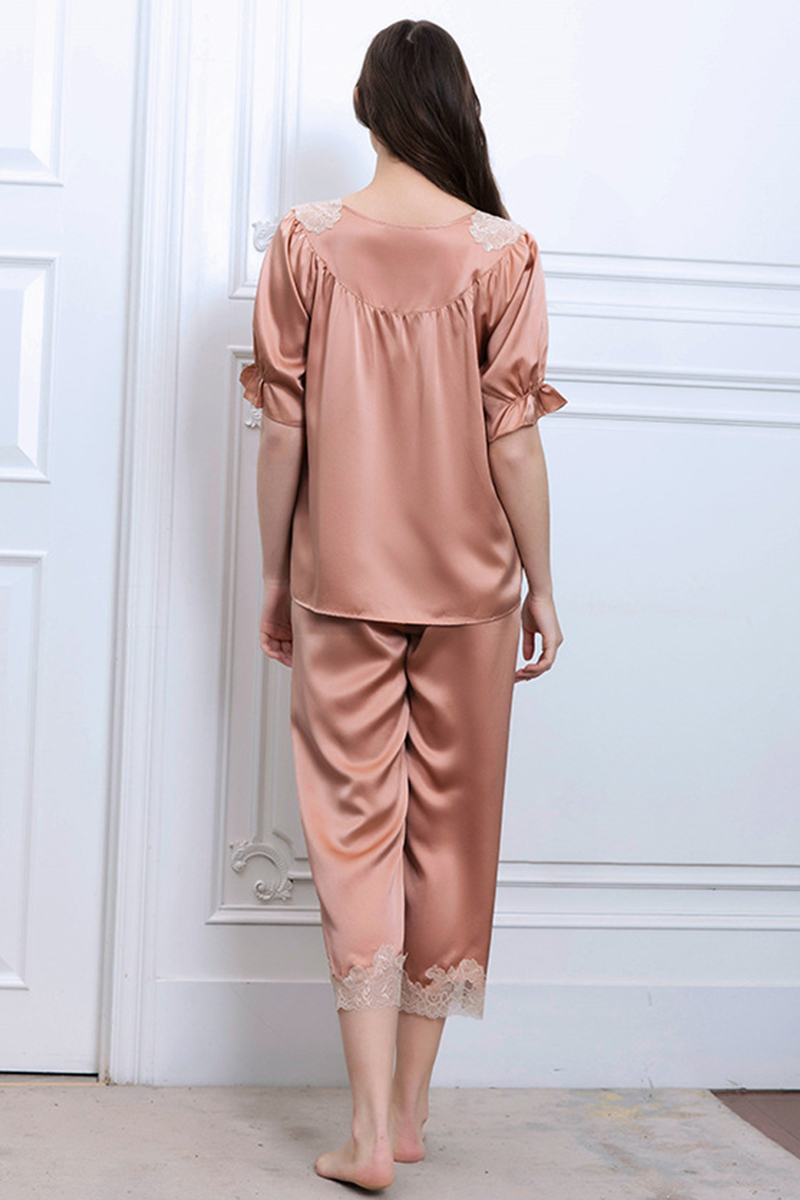 19 Momme 100% Mulberry Silk 2-Piece Pajama Set V-Neck Mid Sleeve Loungewear With Lace Trim