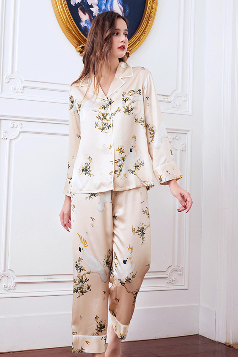 19 Momme Heavy 100% Mulberry Silk Printed Pajama Set Long Sleeve Pants Loungewear Wearable Outside