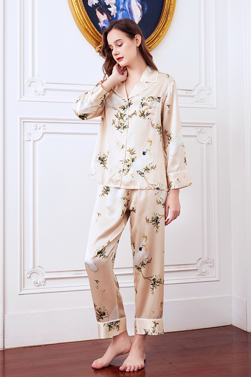 19 Momme Heavy 100% Mulberry Silk Printed Pajama Set Long Sleeve Pants Loungewear Wearable Outside