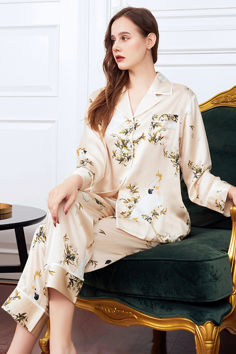 19 Momme Heavy 100% Mulberry Silk Printed Pajama Set Long Sleeve Pants Loungewear Wearable Outside