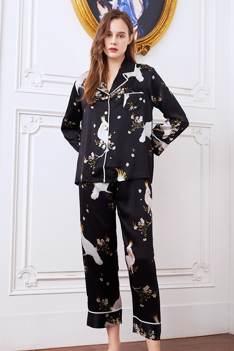 19 Momme Heavy 100% Mulberry Silk Printed Pajama Set Long Sleeve Pants Loungewear Wearable Outside