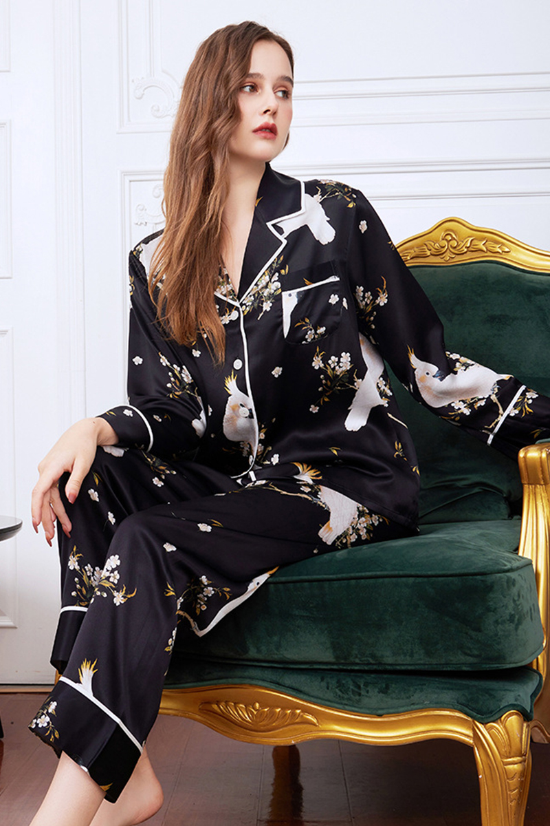 19 Momme Heavy 100% Mulberry Silk Printed Pajama Set Long Sleeve Pants Loungewear Wearable Outside