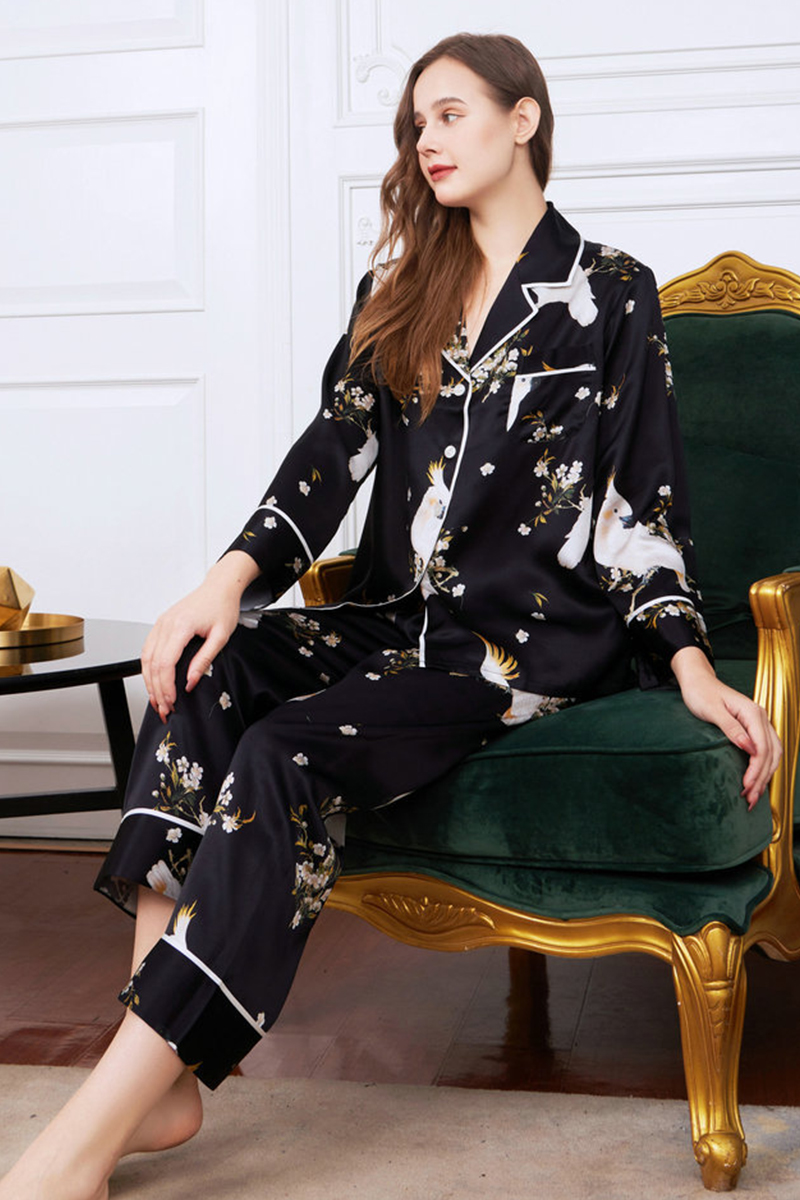 19 Momme Heavy 100% Mulberry Silk Printed Pajama Set Long Sleeve Pants Loungewear Wearable Outside